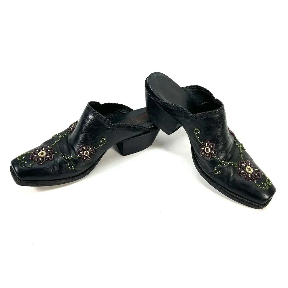 Tres Outlaws Hand Beaded Black Leather Mules Boots Booties Square Toe Size 7C